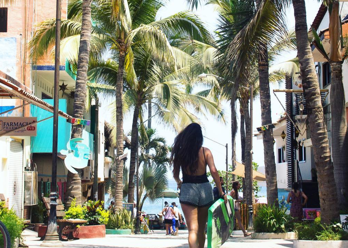 A palm-lined Sayulita street leading to the ocean