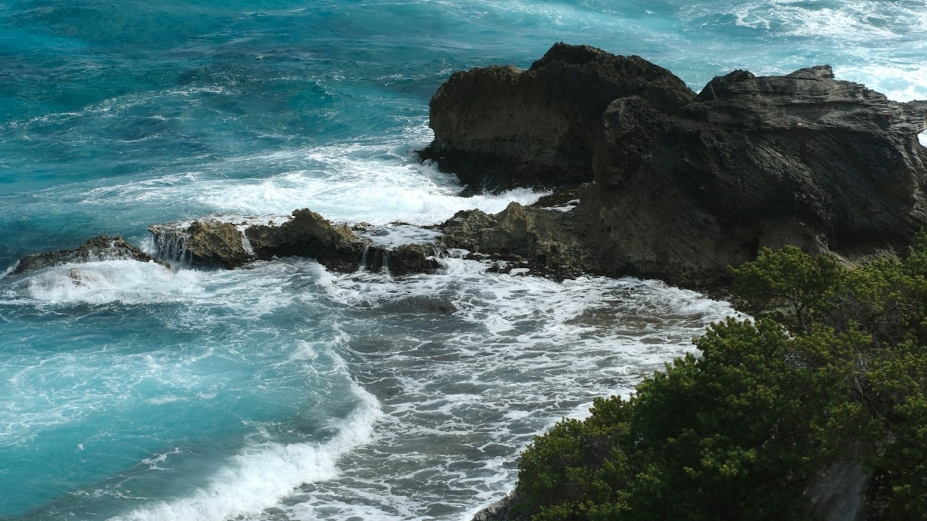 Turquoise ocean waves against a rocky, green coastline in Riviera Nayarit