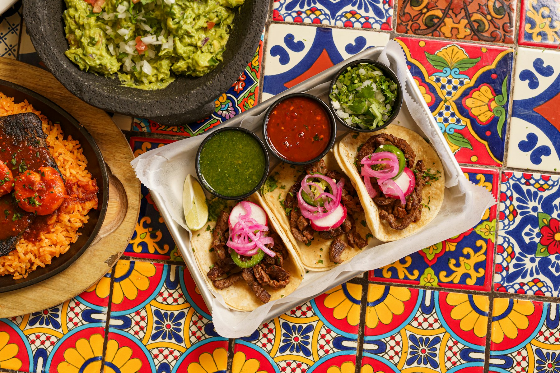 A table of Mexican dishes at a Sayulita restaurant