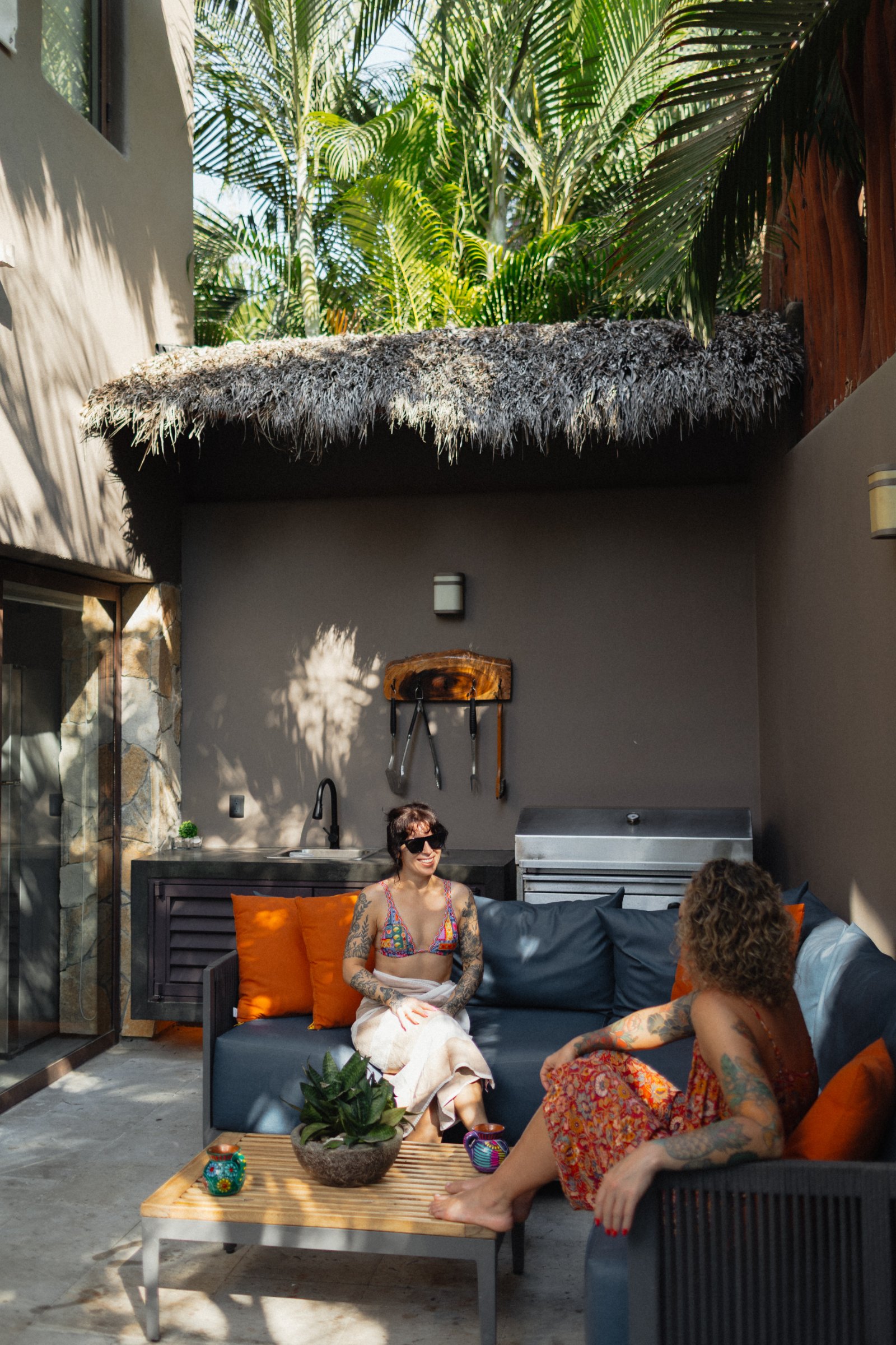 The outdoor kitchen and grill under the palapa roof at Villa Vargas Sayulita